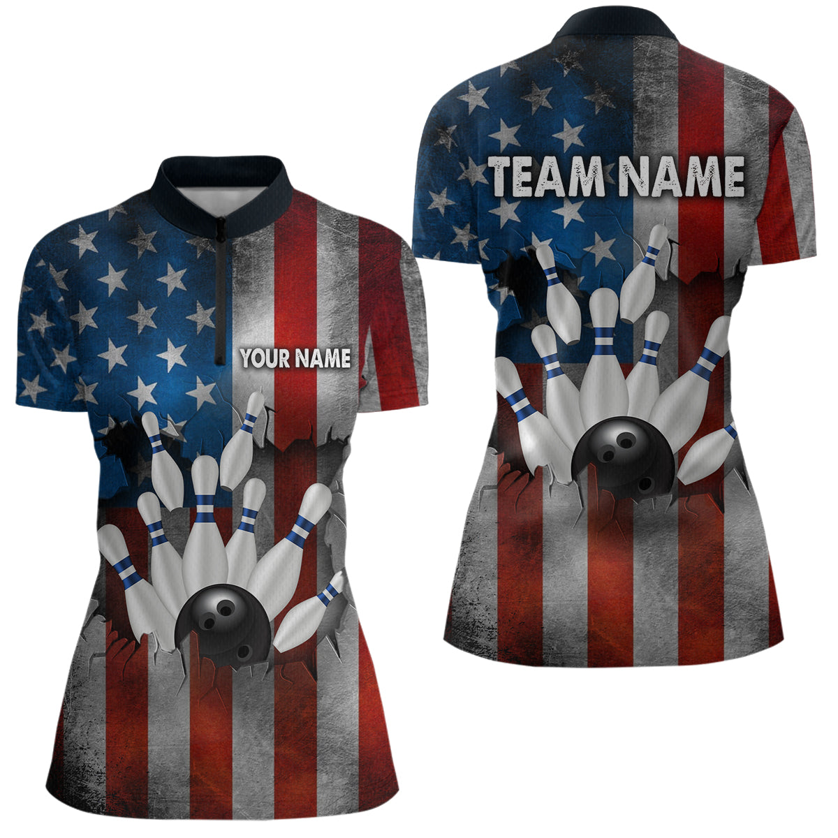 Custom American Flag Bowling Shirts for Men and Women Patriotic Bowling Polo& 1/4 Zip MBL54