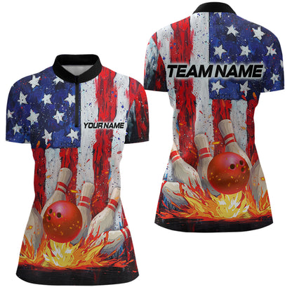 Fire American Flag Bowling Shirt Patriotic Bowling Jersey Men Women Team Polo&1/4 Zip MBL65
