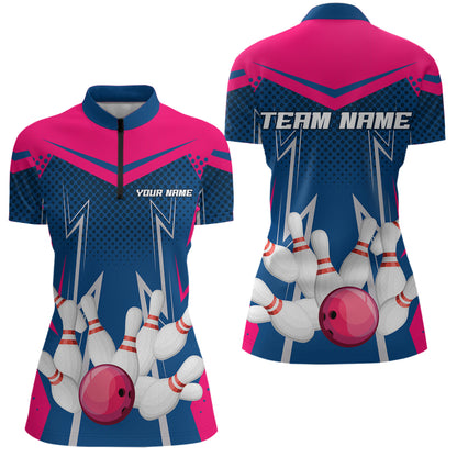 Pink&Blue Bowling Shirts for Men Women Team Personalized Bowling Polo and Quarter Zip MBL112