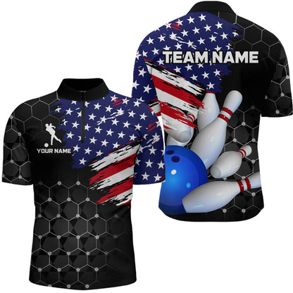American Flag Bowling Shirts for Men Women Patriotic Bowling Jersey Polo&1/4 Zip Shirt MBL09