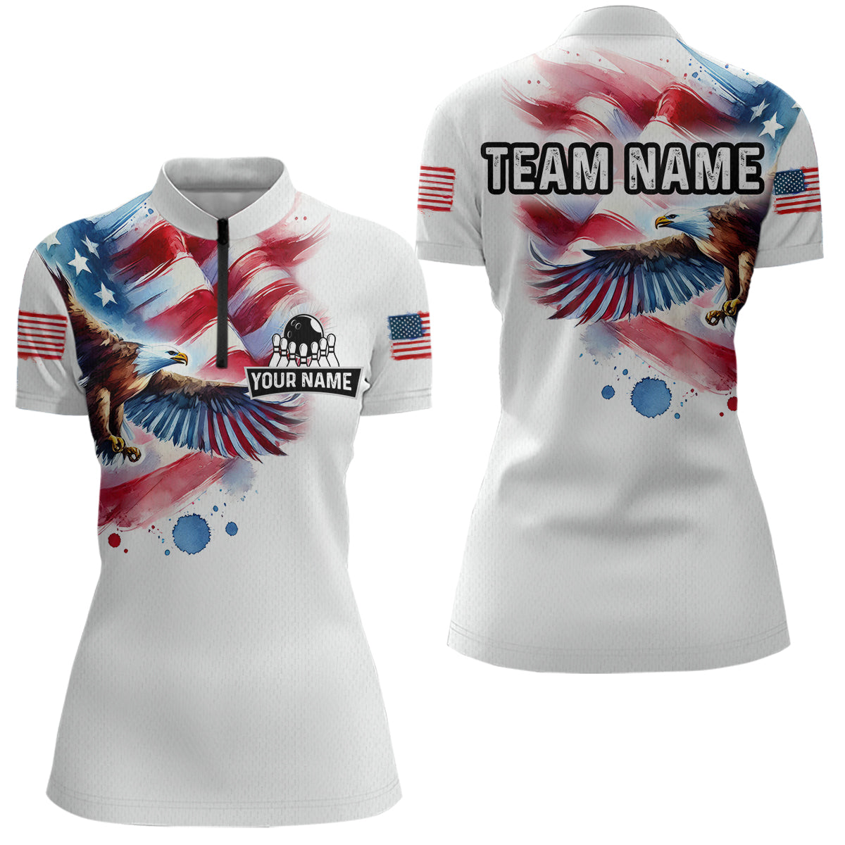 Patriotic Eagle Bowling Shirts American Flag Bowling Polo & 1/4 Shirt for Men Women MBL12