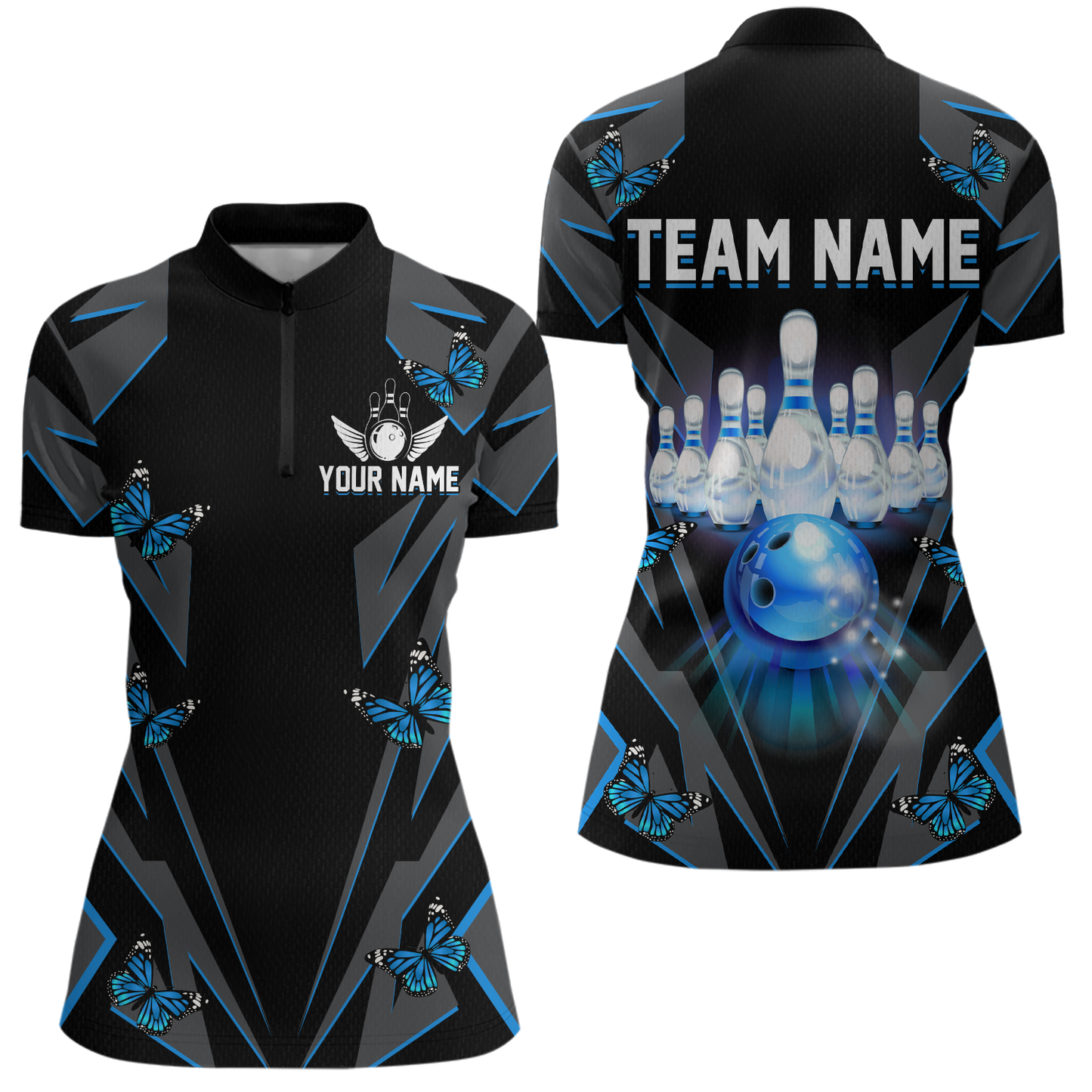 Customize Blue Butterflies Bowling Shirts for Men Women Team Bowling Polo & 1/4 Zip MBL78