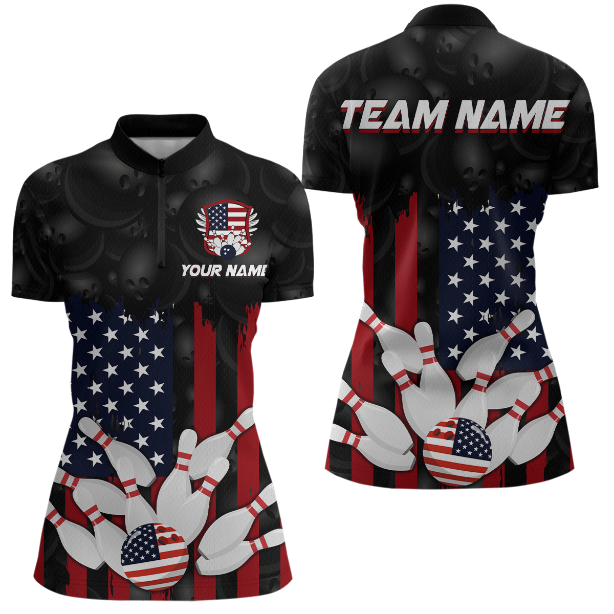 Custom American Flag Bowling Shirts for Men Women Patriotic Bowling Polo & 1/4 Zip MBL03