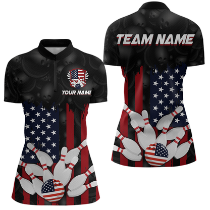 Custom American Flag Bowling Shirts for Men Women Patriotic Bowling Polo & 1/4 Zip MBL03