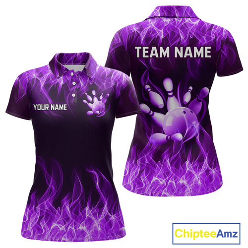 Custom Purple Flame Bowling Jersey for Women Bowling Uniform Polo & 1/4 Zip Bowling Team Shirts HNT106