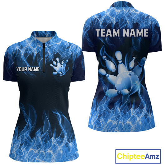 Custom Blue Flame Bowling Jersey for Women Bowling Uniform Polo & 1/4 Zip Bowling Team Shirts HNT106