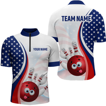 Personalized US Flag Funny Bowling Shirt for Men 3D Bowling Jersey Shirts Polo & Quarter-zip with Team HNT08
