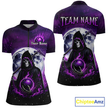 Load image into Gallery viewer, Custom Purple Skeleton Bowling Jersey for Women Bowling Uniform Polo &amp; 1/4 Zip Bowling Team Shirts HNT109
