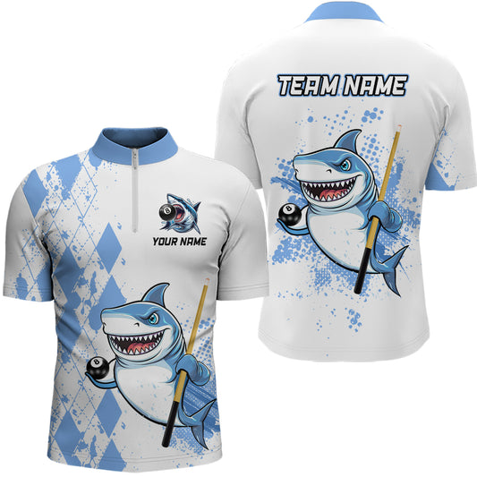 Personalized Blue Shark Billiard Team Jerseys Billiard Shirts for Men Polo & 1/4 Zip Shirts NNT39