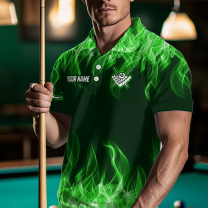 Green Flaming 8 Ball Pool Shirts Men Billiard Polo & 1/4 Zip Shirts Billiard Team Jerseys NNT10