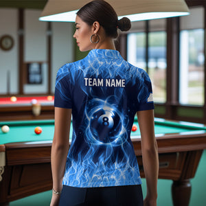 Blue Flaming 8 Ball Pool Shirts Women Billiard Polo & 1/4 Zip Shirts Billiard Team Jerseys NNT10
