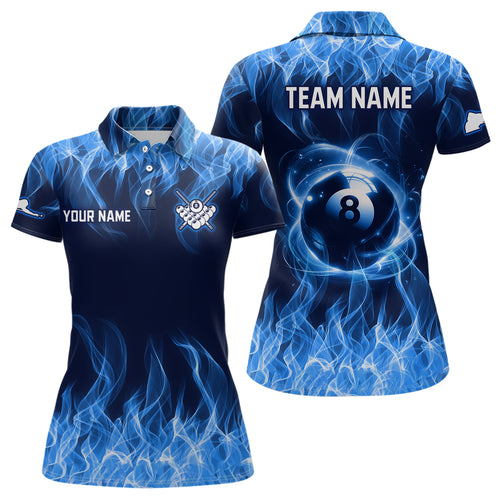 Blue Flaming 8 Ball Pool Shirts Women Billiard Polo & 1/4 Zip Shirts Billiard Team Jerseys NNT10