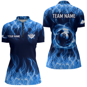 Blue Flaming 8 Ball Pool Shirts Women Billiard Polo & 1/4 Zip Shirts Billiard Team Jerseys NNT10