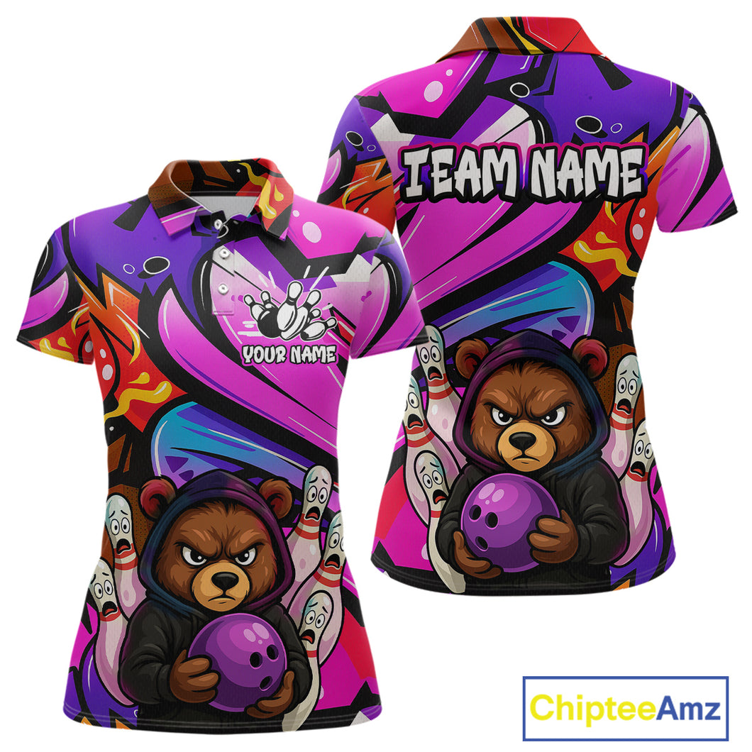 Custom Funny Bear Bowling Women Bowling Shirt Polo & Quarter-Zip Bowling Team Jerseys HNT84