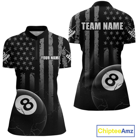 Custom American Flag 8 Ball Billiard Shirts for Women, Billiard Team Polo & 1/4 Zip Shirts NNT64