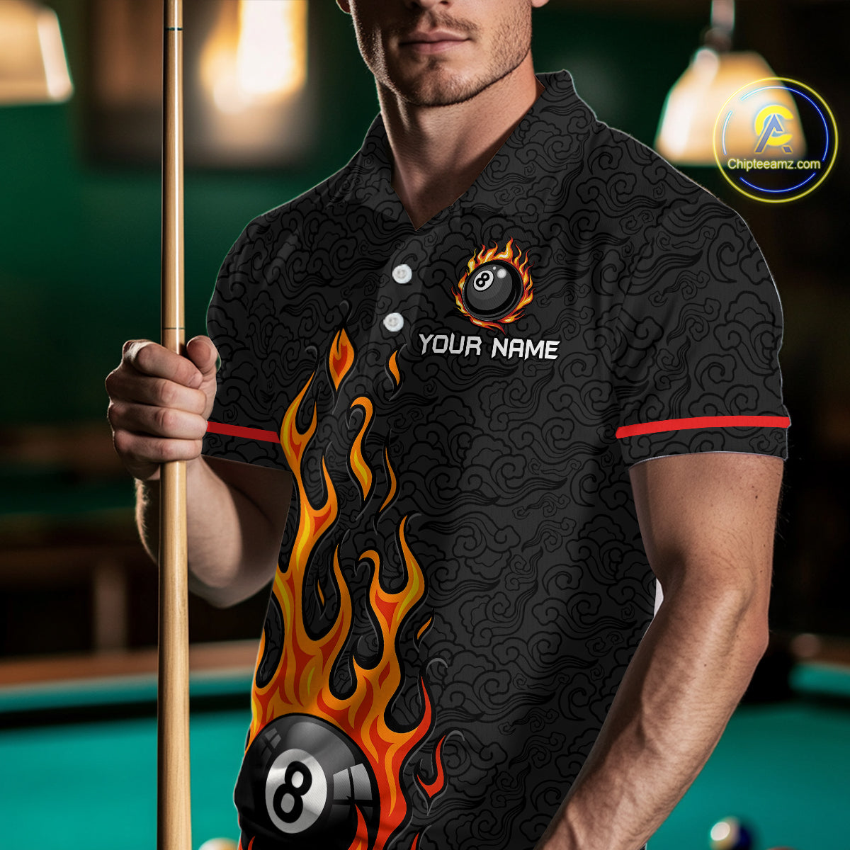 Custom 8 Ball Flame Billiard Shirts for Men Billiard Team Jerseys Polo & 1/4 Zip Shirts NNT50