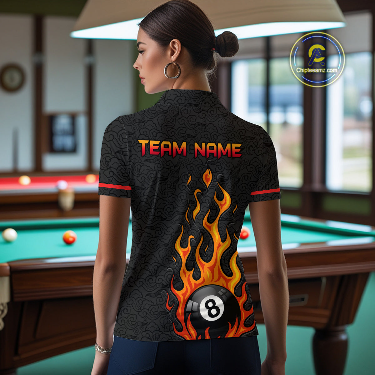 Custom 8 Ball Flame Billiard Shirts for Women Billiard Team Jerseys Polo & 1/4 Zip Shirts NNT50