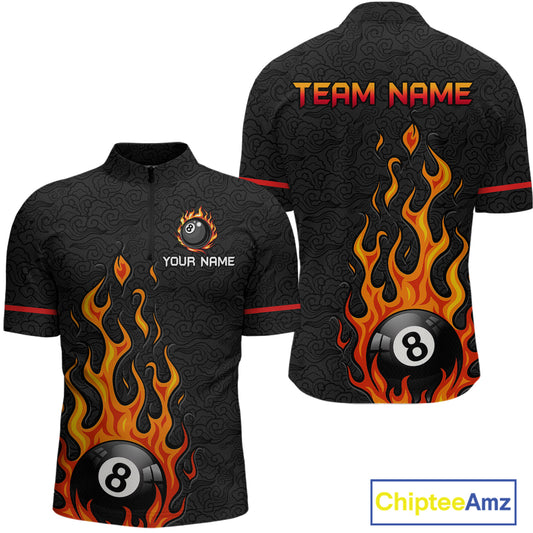 Custom 8 Ball Flame Billiard Shirts for Men Billiard Team Jerseys Polo & 1/4 Zip Shirts NNT50