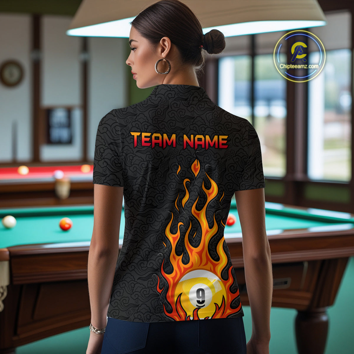Custom 9 Ball Flaming Billiard Shirts for Women Billiard Team Shirts Billiard League NNT71
