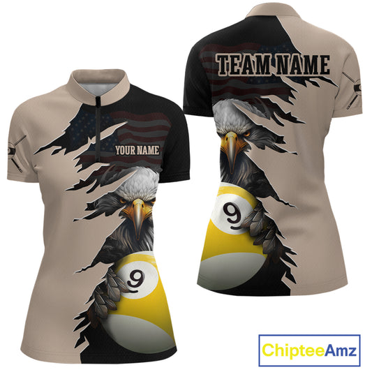 Personalized 9 Ball American Flag Eagle Billiard Shirts for Women Billiard Team Shirts NNT69