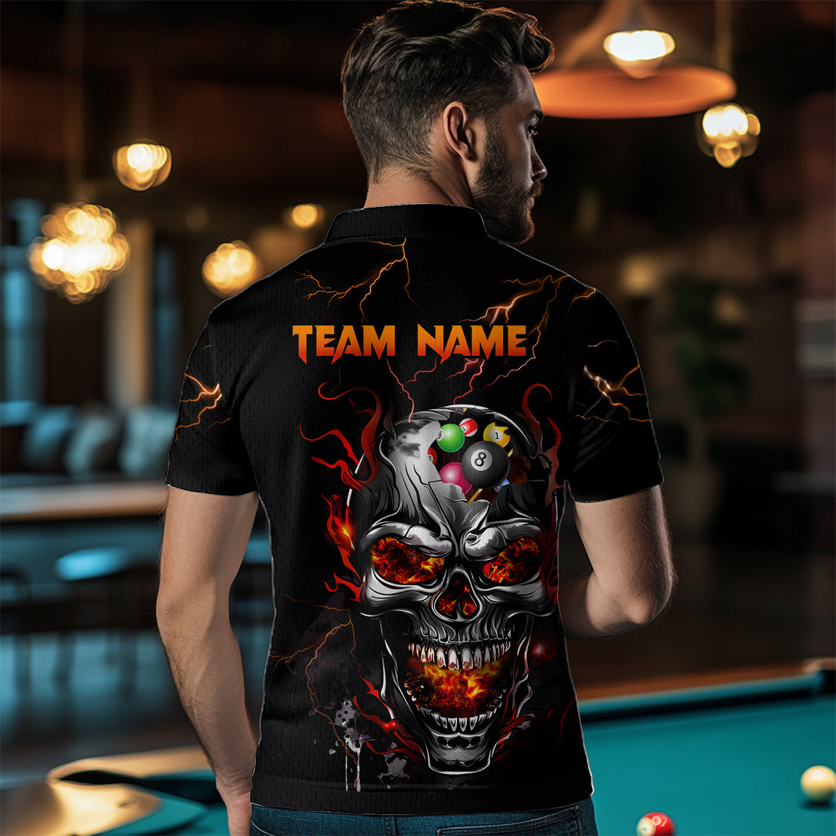 Thunder Skull Billiard Jerseys Men Polo & 1/4 Zip Shirt Skull 8 Ball Pool Billiard NNT03