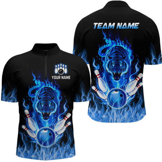 Blue Flaming Tiger Bowling Custom Men Bowling Polo & Quarter-Zip Bowling Team Jerseys HNT46