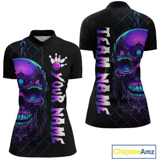 Purple Skull Bowling Custom Women Bowling Shirt Polo & Quarter-Zip Bowling Team Jerseys HNT51