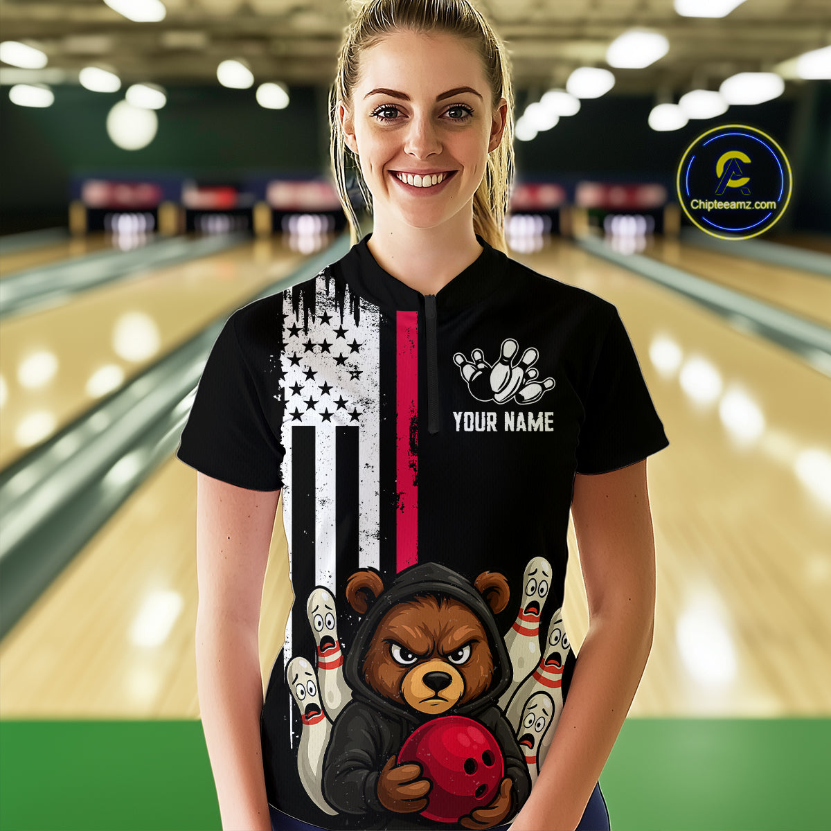 Custom American Flag Bear Bowling Women Polo & 1/4 Zip Shirts Bowling Team Jerseys HNT90