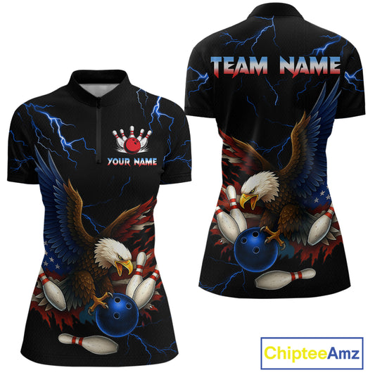 Blue Thunder US Flag Eagle Bowling Shirts for Women Team Bowling Polo & Quarter-Zip HNT96
