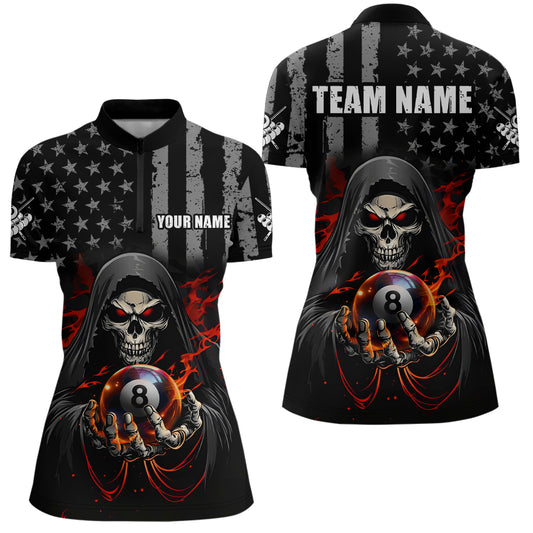 US Flag Skull Billiard Team Jersey for Women Billiard Shirt Polo & 1/4 Zip NNT40