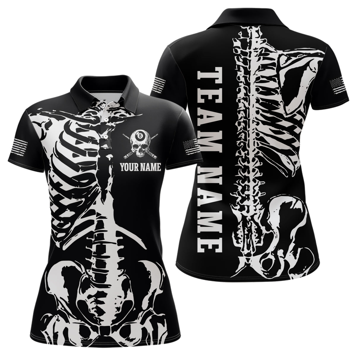 Custom Skull Bone 8 Ball Billiard Shirts for Women Billiard Team Jerseys Polo & 1/4 Zip Shirts NNT47