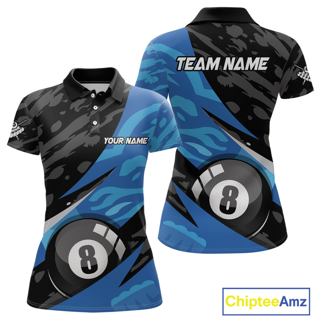 Blue Camo 8 Ball Billiard Shirts for Women Billiard Team Shirts Billiard Uniform Polo & 1/4 Zip NNT77