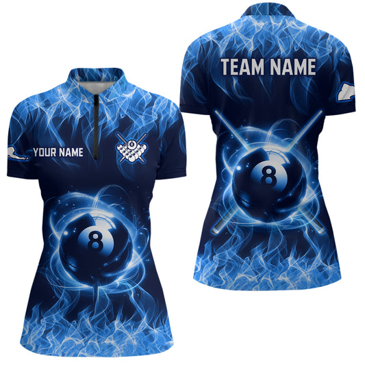 Personalized Blue Flaming Billiard Jerseys 8 Ball Pool Billiard Shirts for Women Team Polo & 1/4 Zip Shirt NNT29