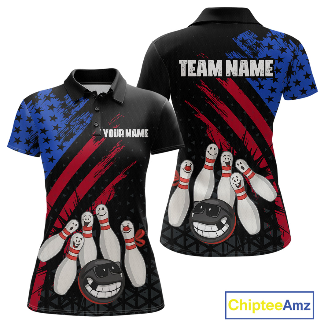 Custom Funny US Flag Bowling Jersey for Women Bowling Uniform Polo & 1/4 Zip Bowling Team Shirts HNT126