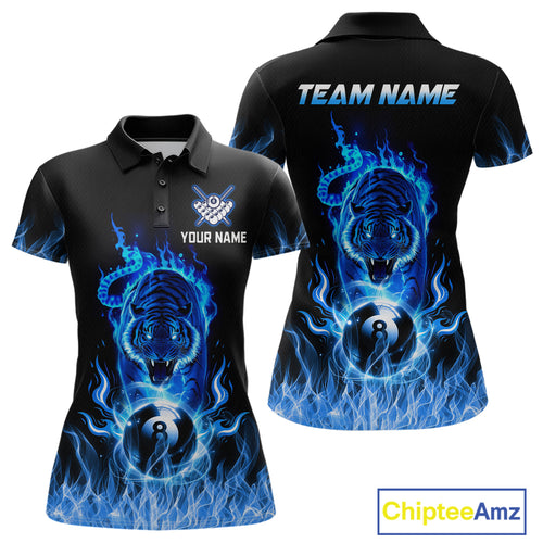 Custom Blue Tiger Flaming 8 Ball Pool Women Billiard Polo & 1/4 Zip Shirts Billiard Team Shirt NNT79