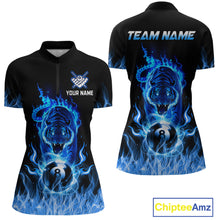 Load image into Gallery viewer, Custom Blue Tiger Flaming 8 Ball Pool Women Billiard Polo &amp; 1/4 Zip Shirts Billiard Team Shirt NNT79