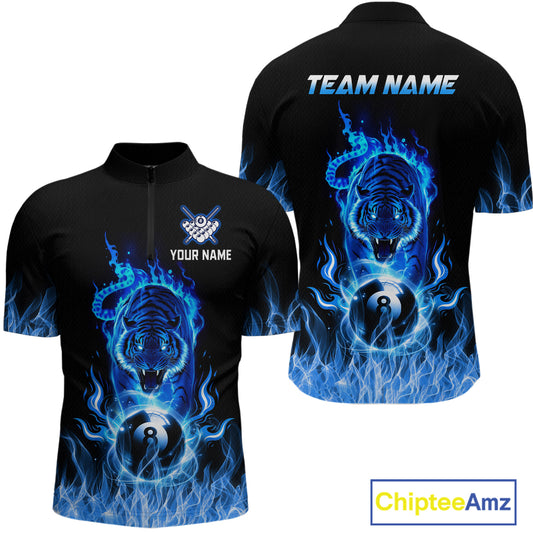 Custom Blue Tiger Flaming 8 Ball Pool Men Billiard Polo & 1/4 Zip Shirts Billiard Team Shirt NNT79