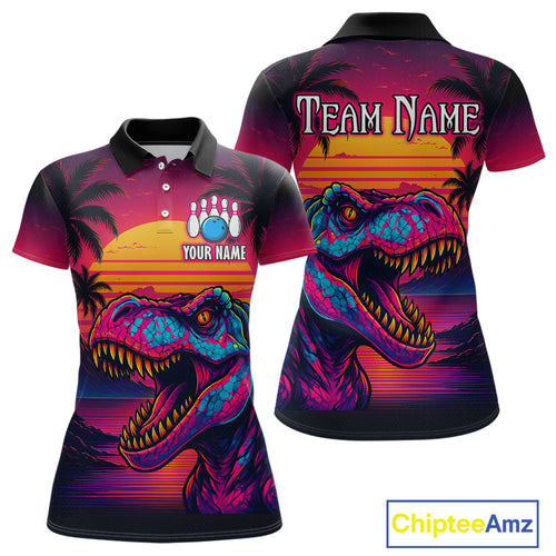 Custom Neon Dinosaur Bowling Women Bowling Shirt Polo & Quarter-Zip Bowling Team Jerseys HNT78