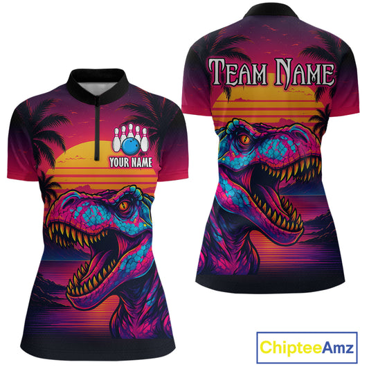 Custom Neon Dinosaur Bowling Women Bowling Shirt Polo & Quarter-Zip Bowling Team Jerseys HNT78
