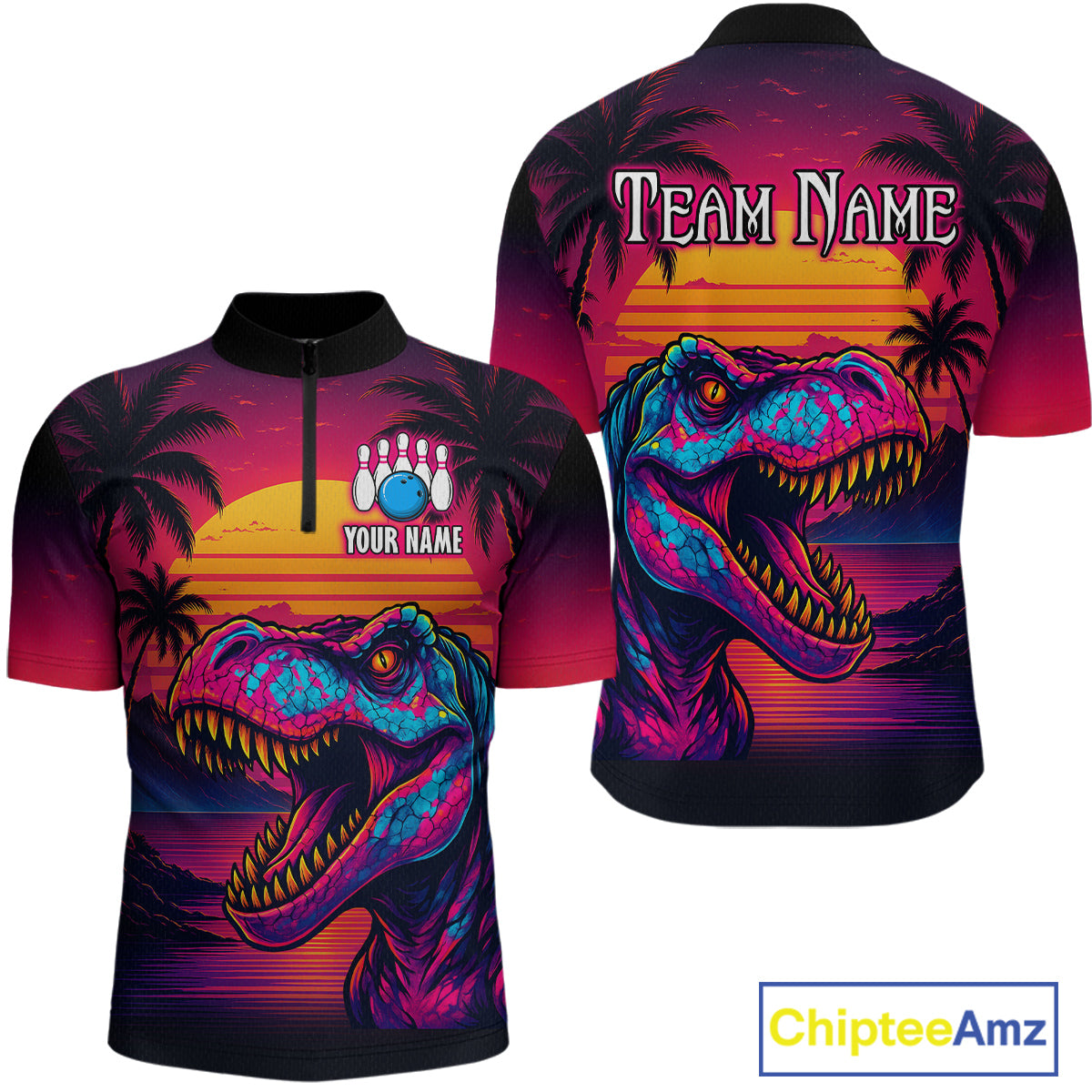 Custom Neon Dinosaur Bowling Men Bowling Shirt Polo & Quarter-Zip Bowling Team Jerseys HNT78