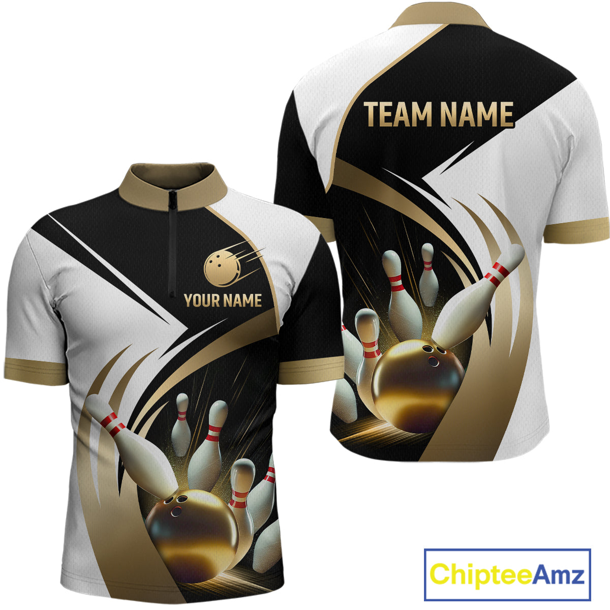 Gold Bowling Custom Men Bowling Shirt Polo & Quarter-Zip Bowling Team Jerseys HNT61