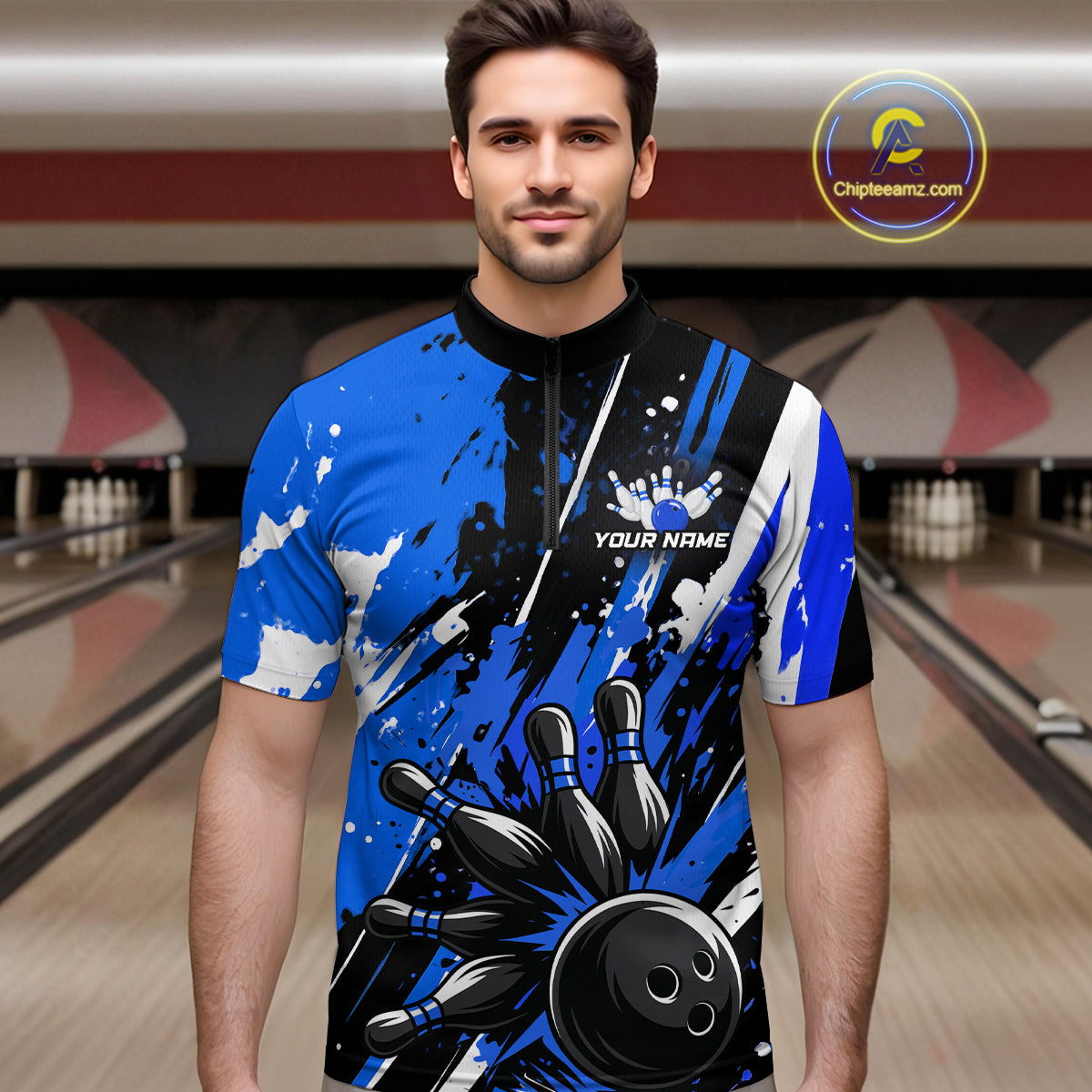Custom Blue Bowling Jersey for Men Bowling Uniform Polo & 1/4 Zip Bowling Team Shirts HNT105