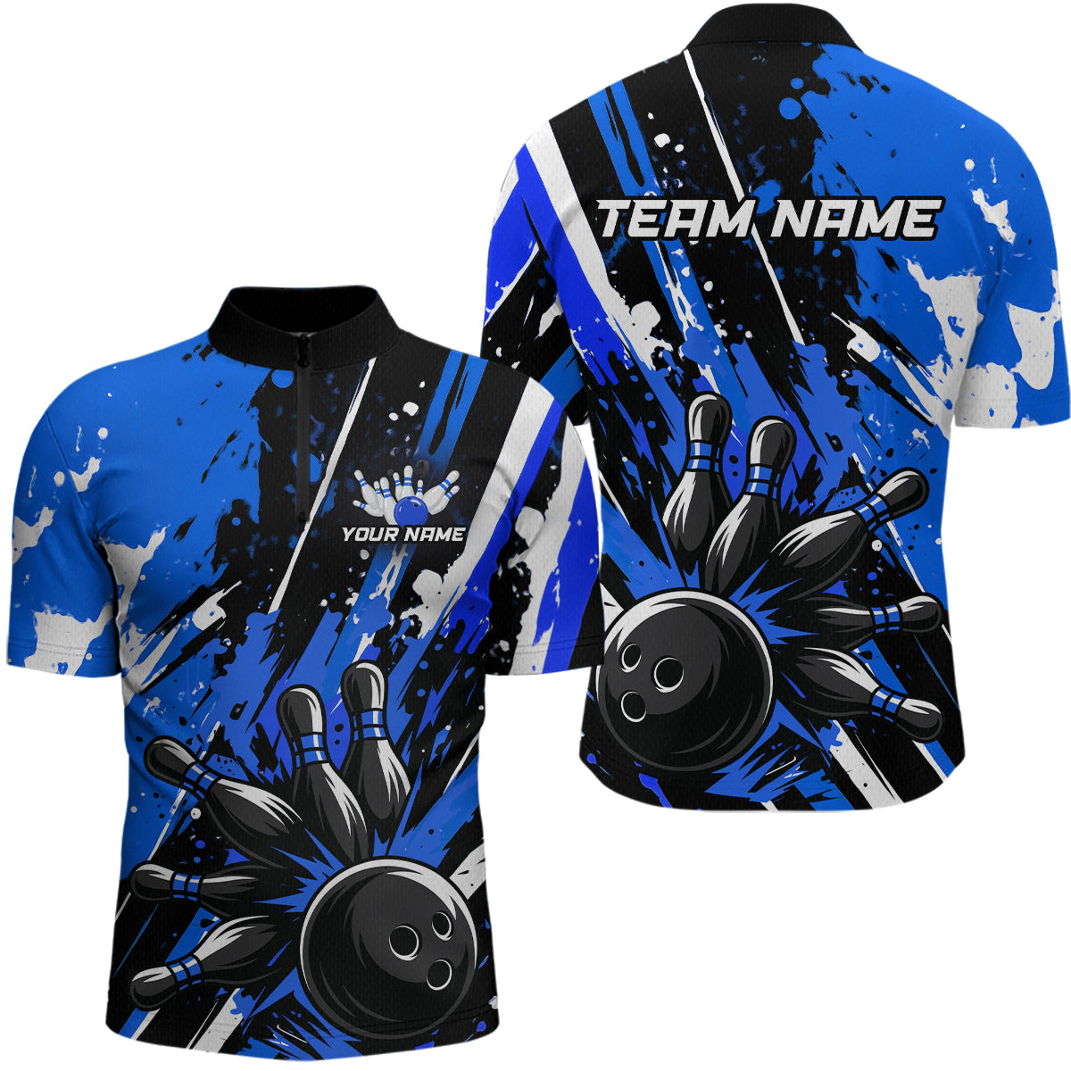 Custom Blue Bowling Jersey for Men Bowling Uniform Polo & 1/4 Zip Bowling Team Shirts HNT105