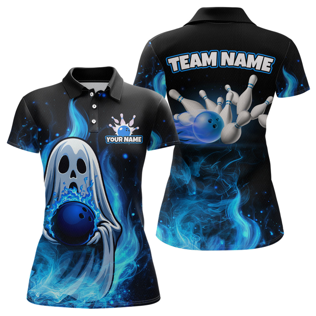 Black bowling-themed polo shirt with blue ghost and ball design on front, and bowling pins and ball on back.