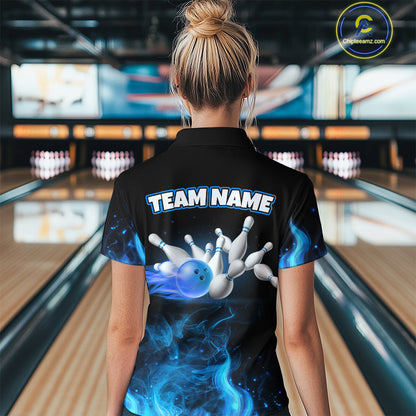 Person wearing a black bowling shirt with 'TEAM NAME' text and bowling design in a bowling alley.