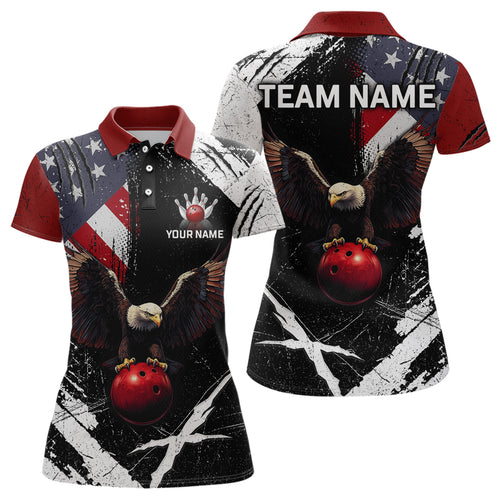 US Flag Eagle Custom Name Bowling Team Shirts For Women Bowling League Polo & 1/4 Zip Shirt HNT06