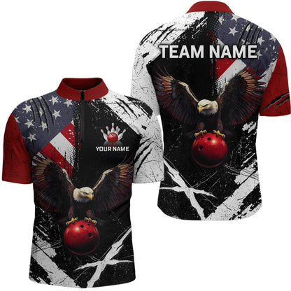 US Flag Eagle Custom Name Bowling Team Shirts For Men Bowling League Polo & 1/4 Zip Shirt HNT06