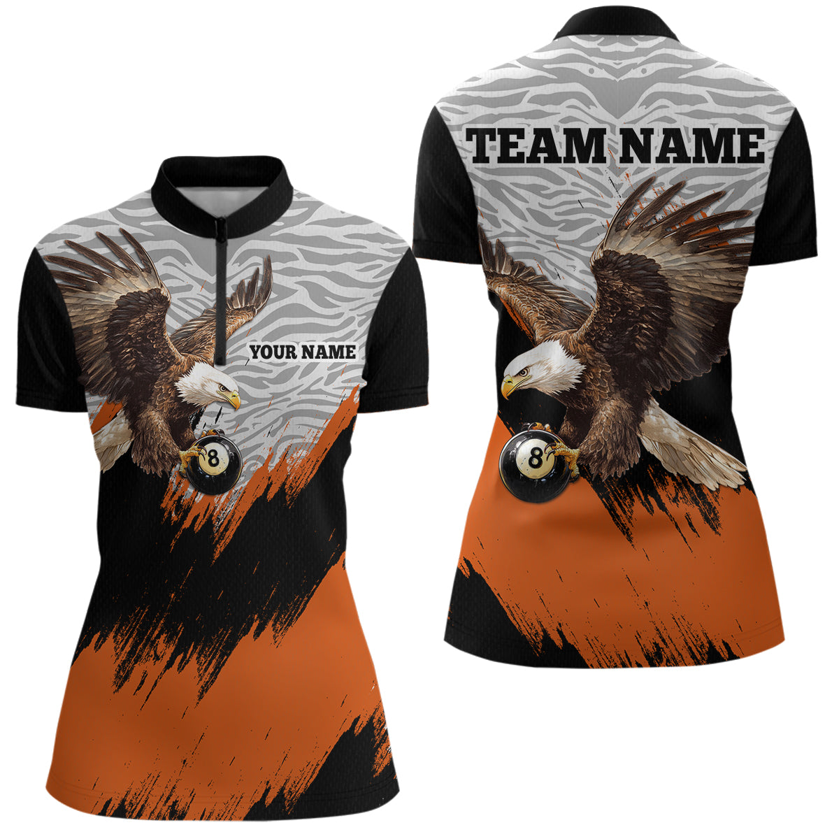Funny Eagle Personalized Orange Camo Billiard 8 Ball Team Shirts For Women Billiard League Polo & 1/4 Zip Shirt NNT28