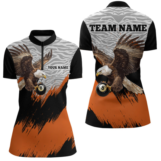 Funny Eagle Personalized Orange Camo Billiard 8 Ball Team Shirts For Women Billiard League Polo & 1/4 Zip Shirt NNT28