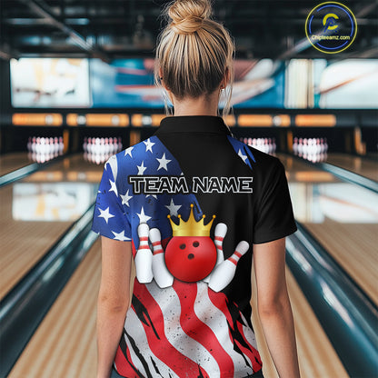 Custom US Flag Crown Bowling Women Bowling Shirt Polo & Quarter-Zip Bowling Team Jerseys HNT85